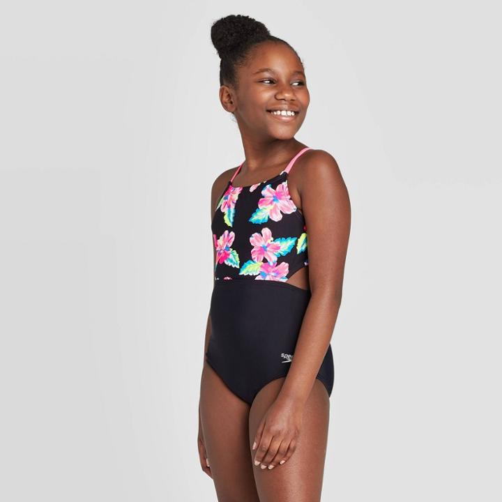 Speedo Girls' Print Cut Out One Piece Swim Suit - Black M, Girl's,