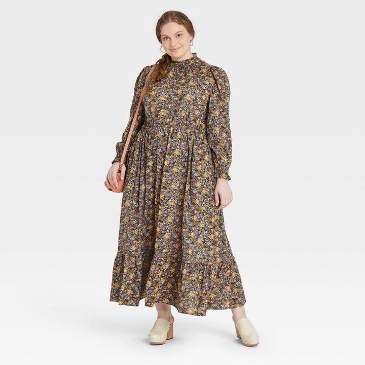 Women's Plus Size Balloon Long Sleeve Dress - Universal Thread Black Floral