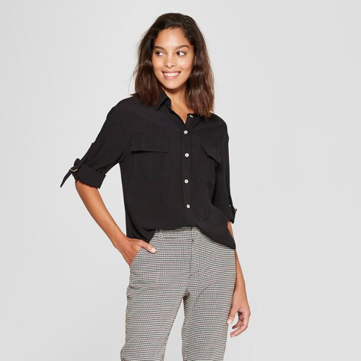 Women's 3/4 Sleeve Utility Top - A New Day Black