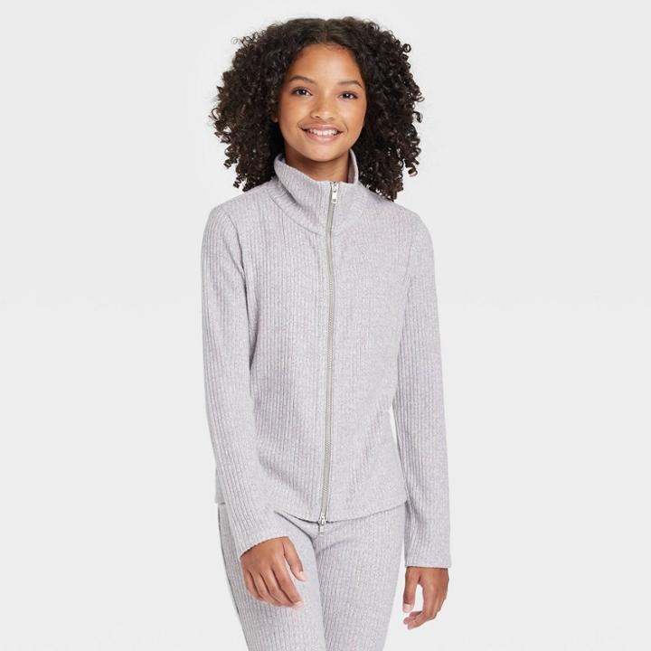 Girls' Rib Double Zip Long Sleeve Top - Art Class Gray