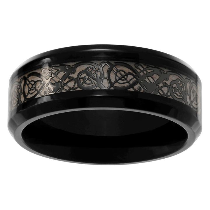 Men's Territory Celtic Inlay Wedding Band In Titanium - Black,