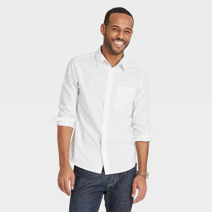 Men's Striped Slim Fit Stretch Poplin Long Sleeve Button-down Shirt - Goodfellow & Co Off White