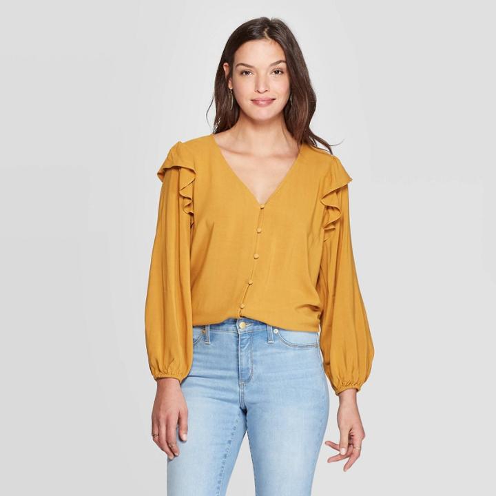 Women's Double Ruffle Long Sleeve Deep V-neck Top - Universal Thread Yellow