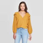 Women's Double Ruffle Long Sleeve Deep V-neck Top - Universal Thread Yellow