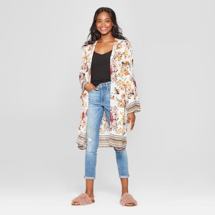 Women's Long Sleeve Floral Print Duster Kimono - Xhilaration Ivory