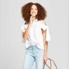 Women's Striped Cold Shoulder Tie Sleeve Shirt - A New Day White