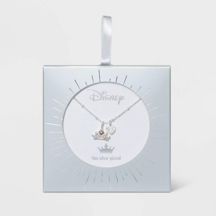 Disney Two-tone Disney Princess Crown With Cubic Zirconia Heart Charm Necklace -