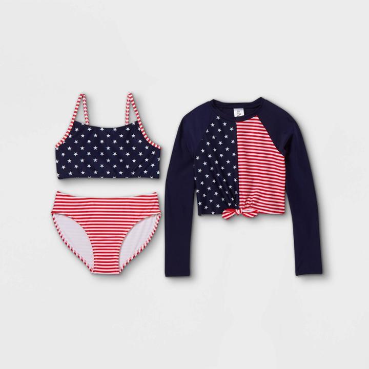 Girls' Stars And Striped Bikini 3pc Long Sleeve Rash Guard Set - Art Class Blue