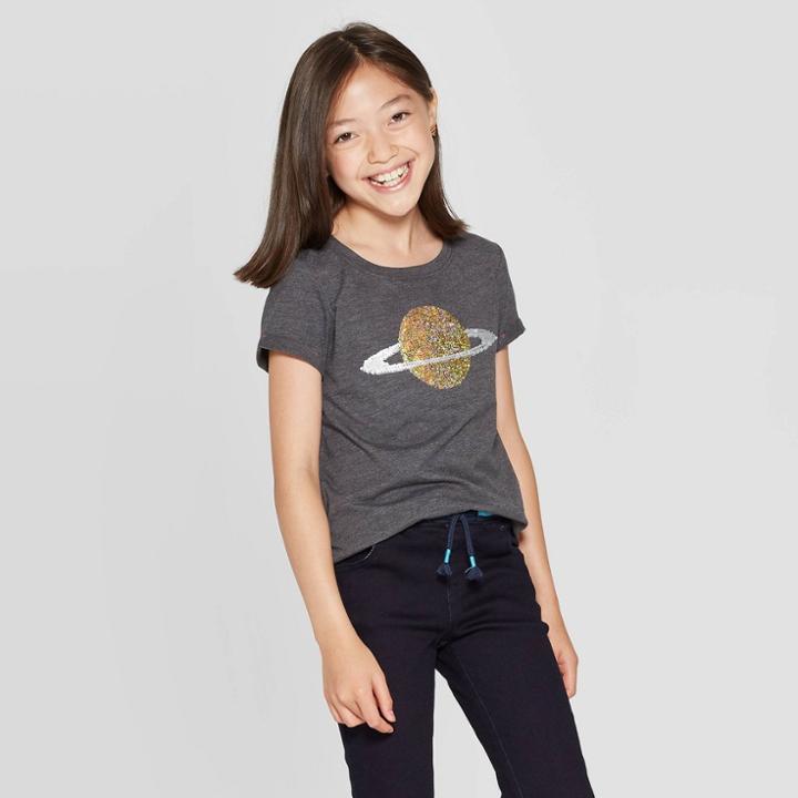 Girls' Short Sleeve Flip Sequin Planet T-shirt - Cat & Jack Charcoal