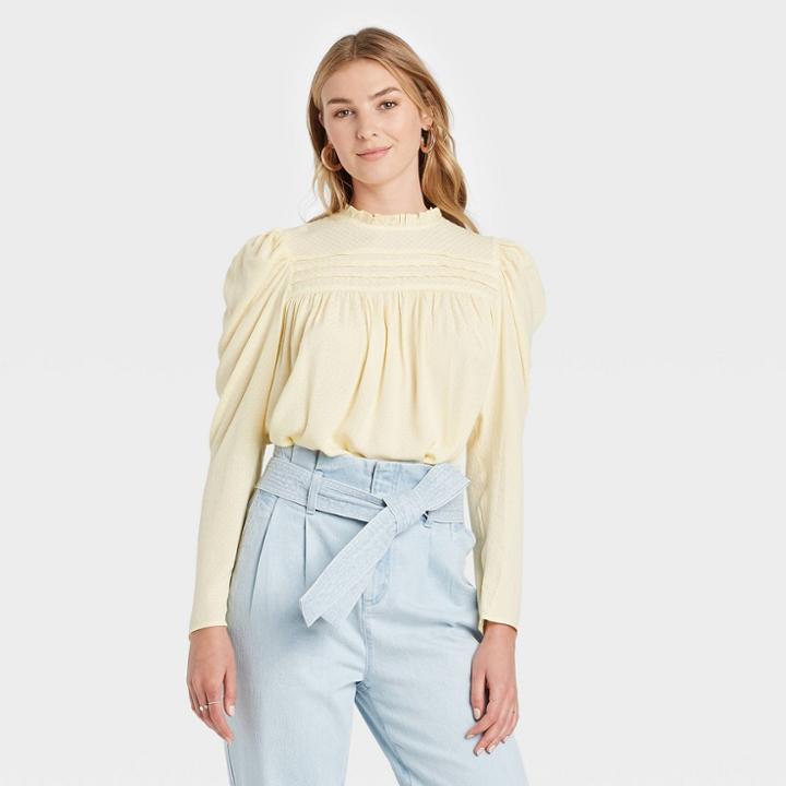 Women's Long Sleeve Pintuck Top - A New Day Yellow