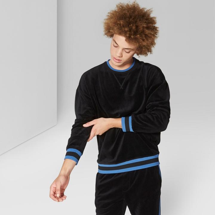 Men's Loose Fit Long Sleeve Velour Crew Pullover Sweatshirt - Original Use Black