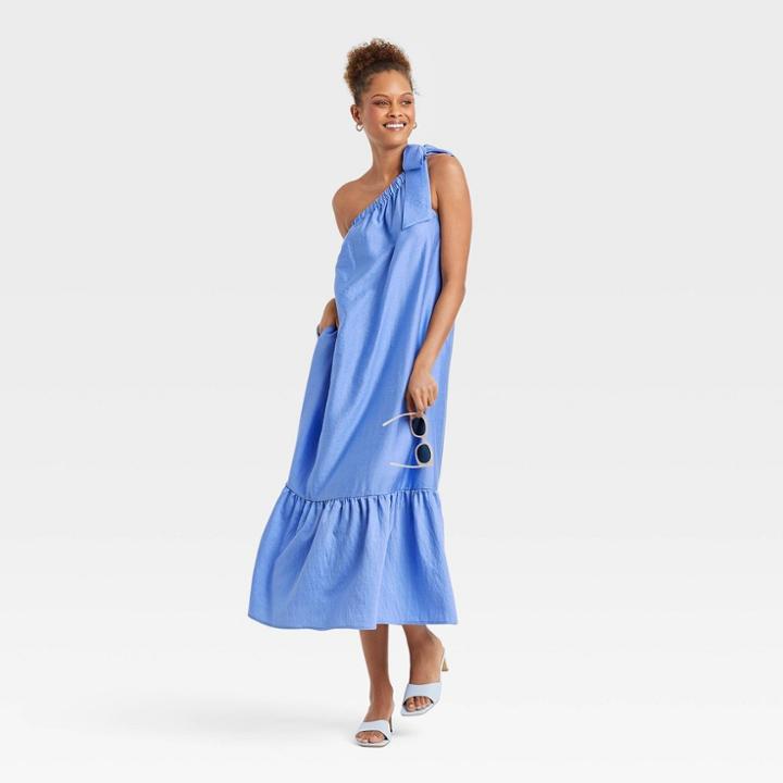 Women's One Shoulder Sleeveless Tiered Dress - A New Day Blue