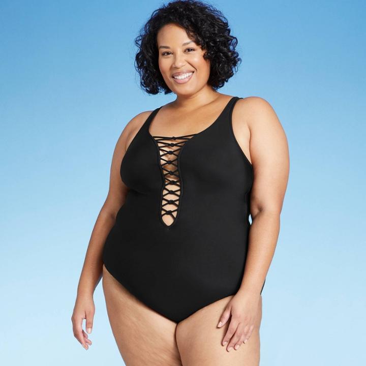 Women's Plus Size Deep Plunge Lace-up One Piece Swimsuit - Aqua Green Black
