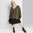 Women's Plus Size Long Sleeve V-neck Cozy Rib T-shirt - Wild Fable Olive Green