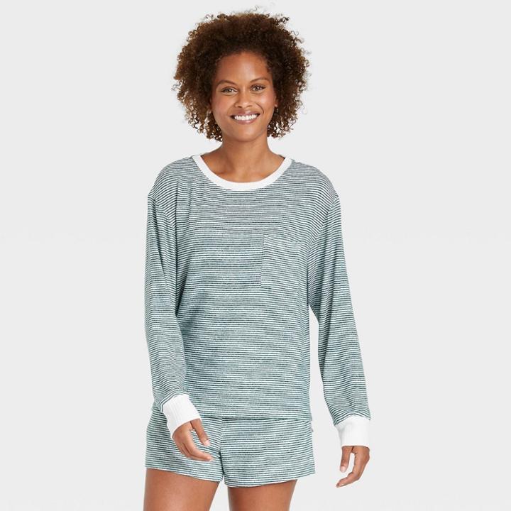 Women's Striped Perfectly Cozy Lounge Sweatshirt - Stars Above Dark Green