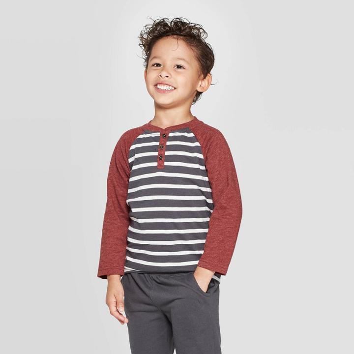 Toddler Boys' Striped Slub Henley Long Sleeve T-shirt - Cat & Jack Gray