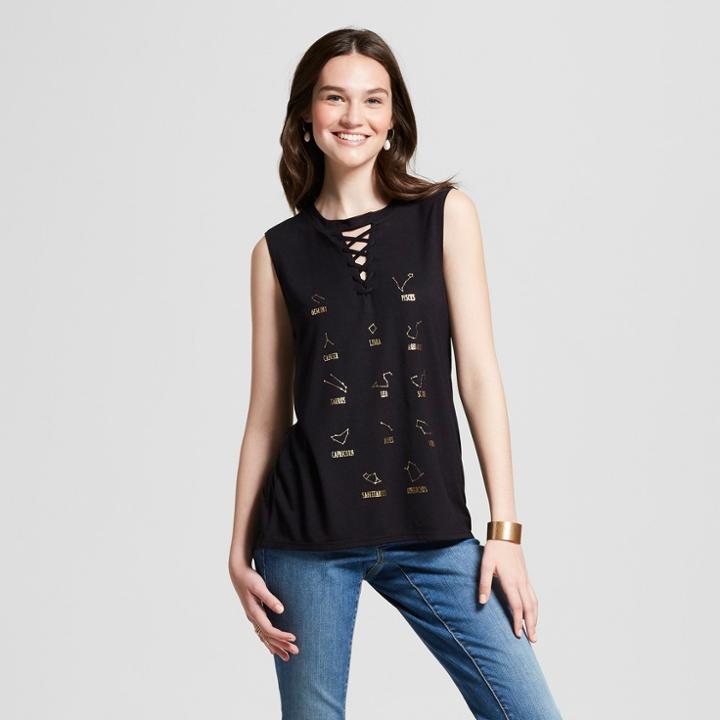 Women's Zodiac Stars Lace-up Neck Graphic Tank Top - Modern Lux (juniors') Black