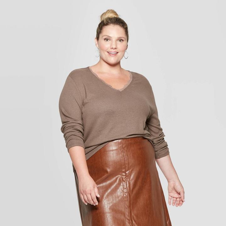 Women's Plus Size Long Sleeve V-neck Lace Trim Top - Ava & Viv Gray X, Women's