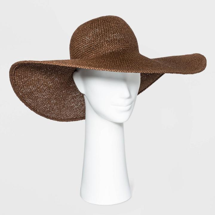 Women's Wide Brim Open Weave Straw Floppy Hat - A New Day Brown