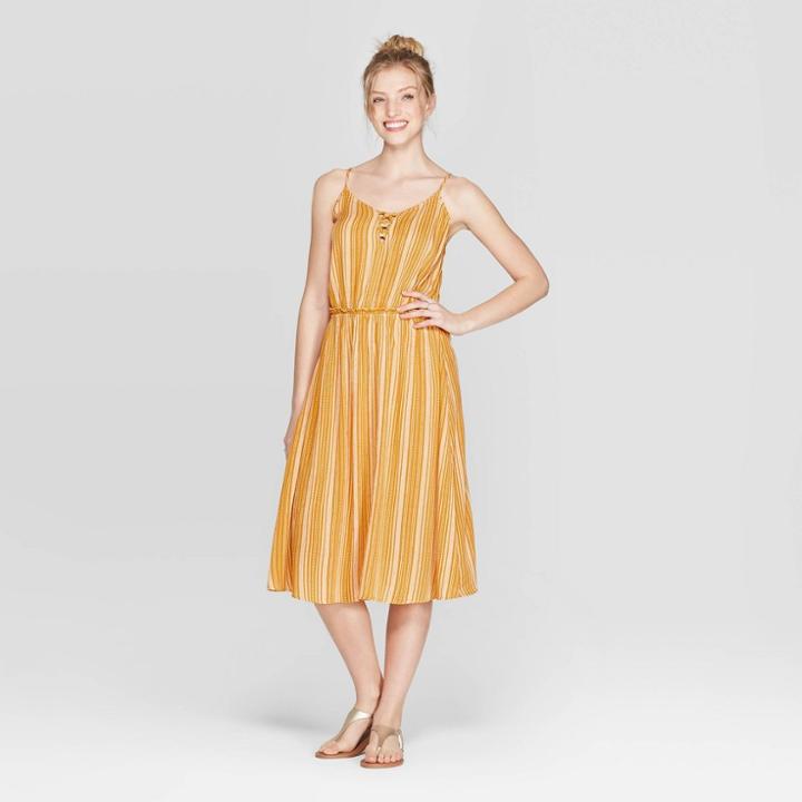 Women's Striped V-neck Strappy Lace-up Top Midi Dress - Xhilaration Golden Yellow