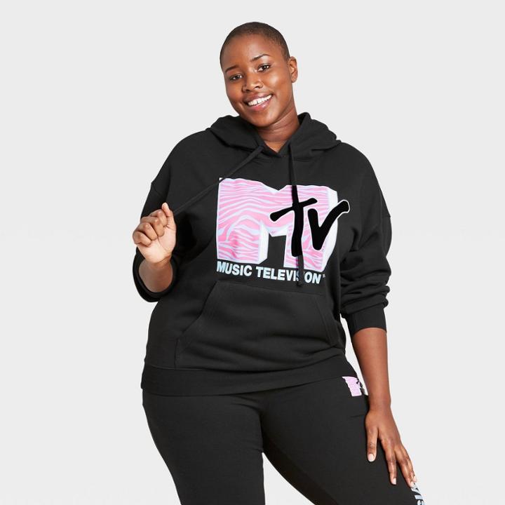 Women's Mtv Plus Size Pink Logo Hooded Graphic Sweatshirt - Black
