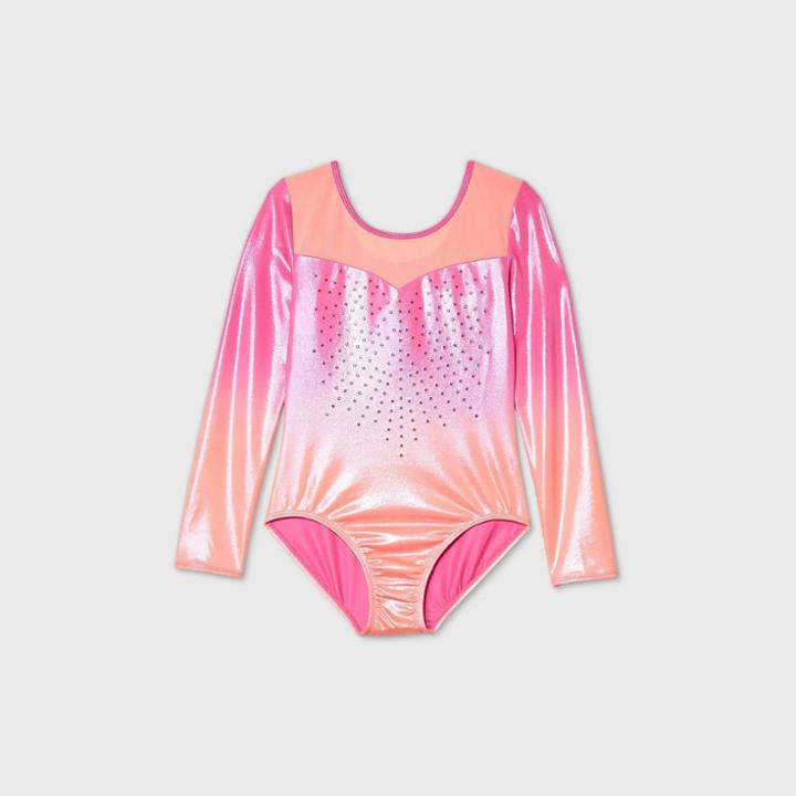 Girls' Long Sleeve Ombre Gymnastics Leotard - More Than Magic Orange/pink