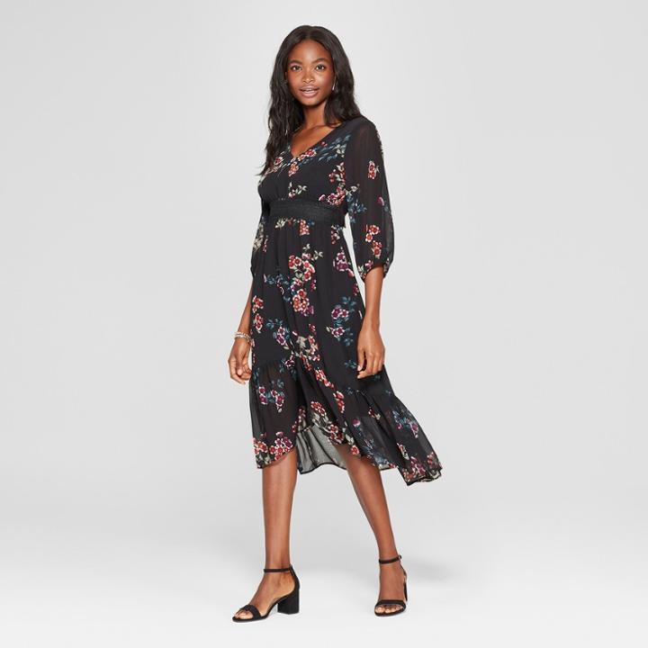 Women's Floral Print Long Sleeve V-neck Hi Low Hem Midi Dress - Xhilaration Black