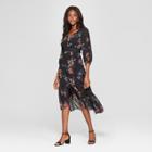 Women's Floral Print Long Sleeve V-neck Hi Low Hem Midi Dress - Xhilaration Black