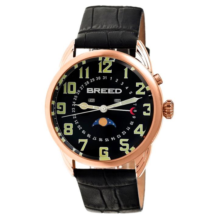 Men's Breed Alton Crocodile-embossed Leather Strap Watch With Moon Phase-rose Gold/black, Rose Gold Black