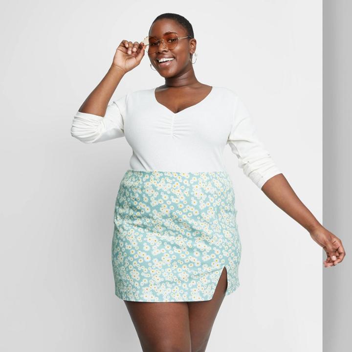 Women's Plus Size Side Slit Mini Skirt - Wild Fable Blue Floral