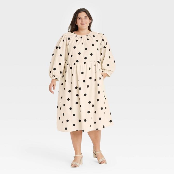 Women's Plus Size Polka Dot Balloon Long Sleeve Tie-back Dress - Who What Wear Cream