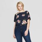 Women's Plus Size Floral Print Short Sleeve Crew Neck Button Back Top - Ava & Viv Navy X, Blue