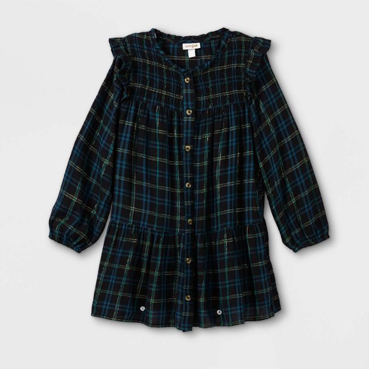 Girls' Plaid Woven Long Sleeve Dress - Cat & Jack Green/black