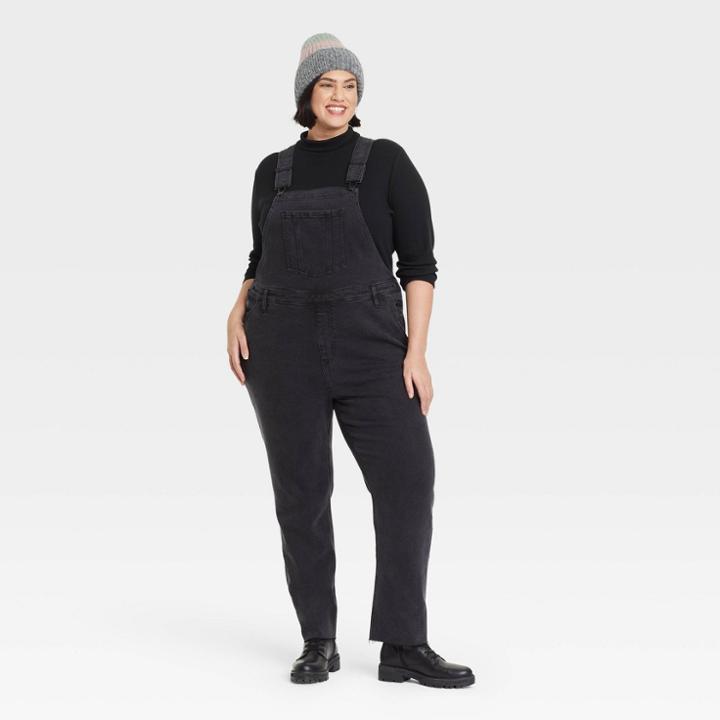 Women's Plus Size Straight Leg Denim Overalls - Ava & Viv Charcoal Gray