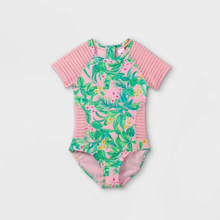 Girls' Floral Print Crochet Short Sleeve One Piece Rash Guard - Art Class Pink