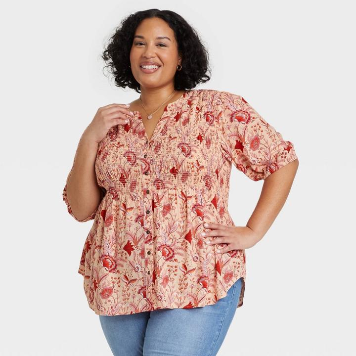 Women's Plus Size Short Sleeve Smocked Button-front Top - Knox Rose Orange Floral