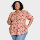 Women's Plus Size Short Sleeve Smocked Button-front Top - Knox Rose Orange Floral