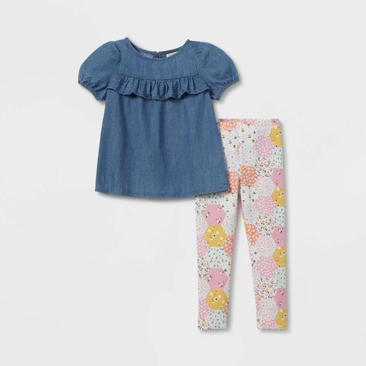 Toddler Girls' Short Sleeve Chambray Top & Floral Leggings Set - Cat & Jack Blue