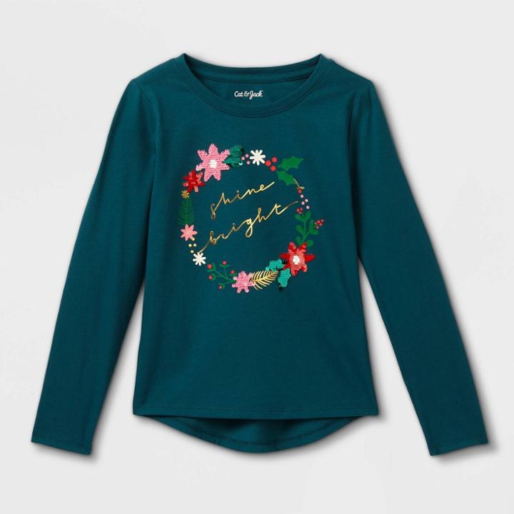 Girls' Long Sleeve 'holiday Wreath' Flip Sequin T-shirt - Cat & Jack Teal