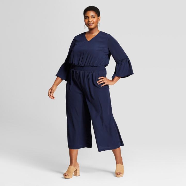 Women's Plus Size Bell Sleeve Jumpsuit - Ava & Viv Navy