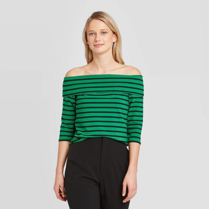 Women's Striped 3/4 Sleeve Off The Shoulder Bardot T-shirt - Who What Wear Green