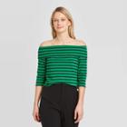 Women's Striped 3/4 Sleeve Off The Shoulder Bardot T-shirt - Who What Wear Green