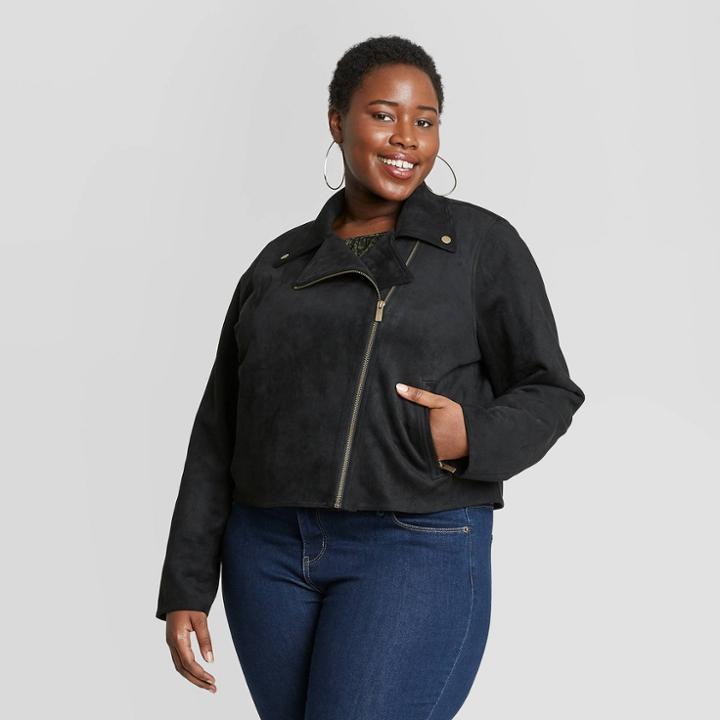 Women's Plus Size Suede Moto Jacket - Ava & Viv Black
