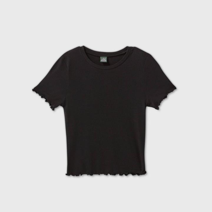 Women's Short Sleeve Round Neck Lettuce Edge Baby T-shirt - Wild Fable Black