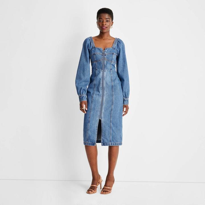 Women's Puff Long Sleeve Zip-front Denim A-line Dress - Future Collective With Kahlana Barfield Brown Medium Wash Denim
