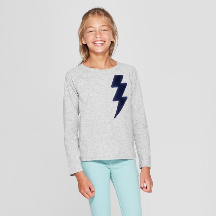 Girls' Faux Fur Lightning Graphic Long Sleeve Top - Cat & Jack Heather Gray