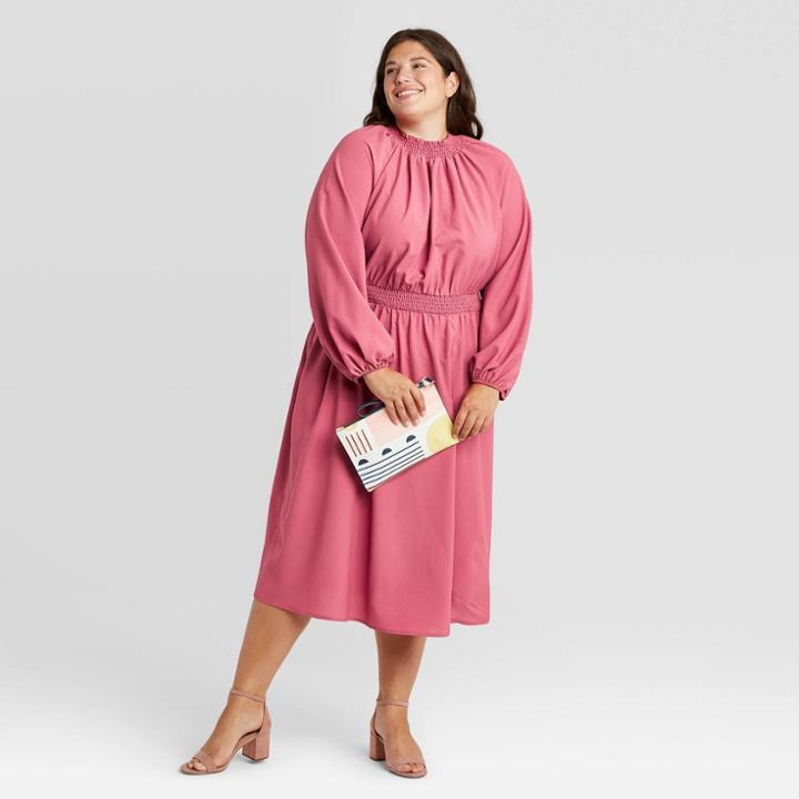 Women's Plus Size Long Sleeve Smocked Dress - A New Day Pink