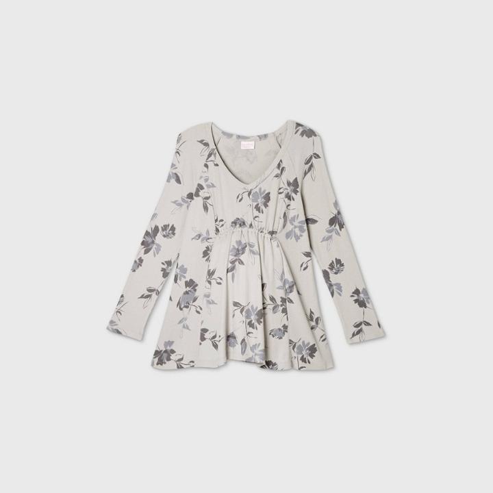 Maternity Floral Print Long Sleeve Smocked Bump Waffle Top - Isabel Maternity By Ingrid & Isabel Gray