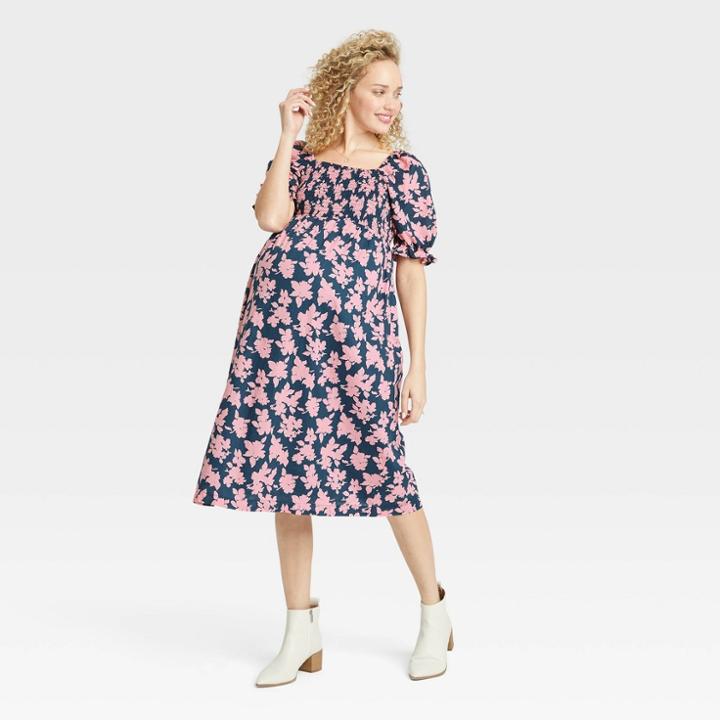 The Nines By Hatch Elbow Sleeve Cotton Maternity Dress Blue Floral