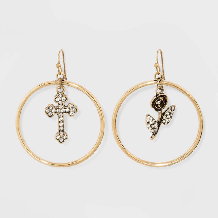 Target Asymmetrical Open Hoop With Rose And Cross Charm Earrings - Wild Fable Gold, Women's